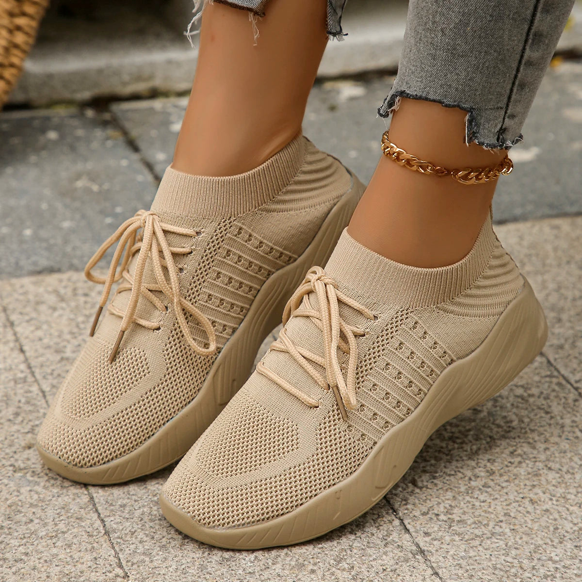 Breathable Knit Lace-Up Sneakers