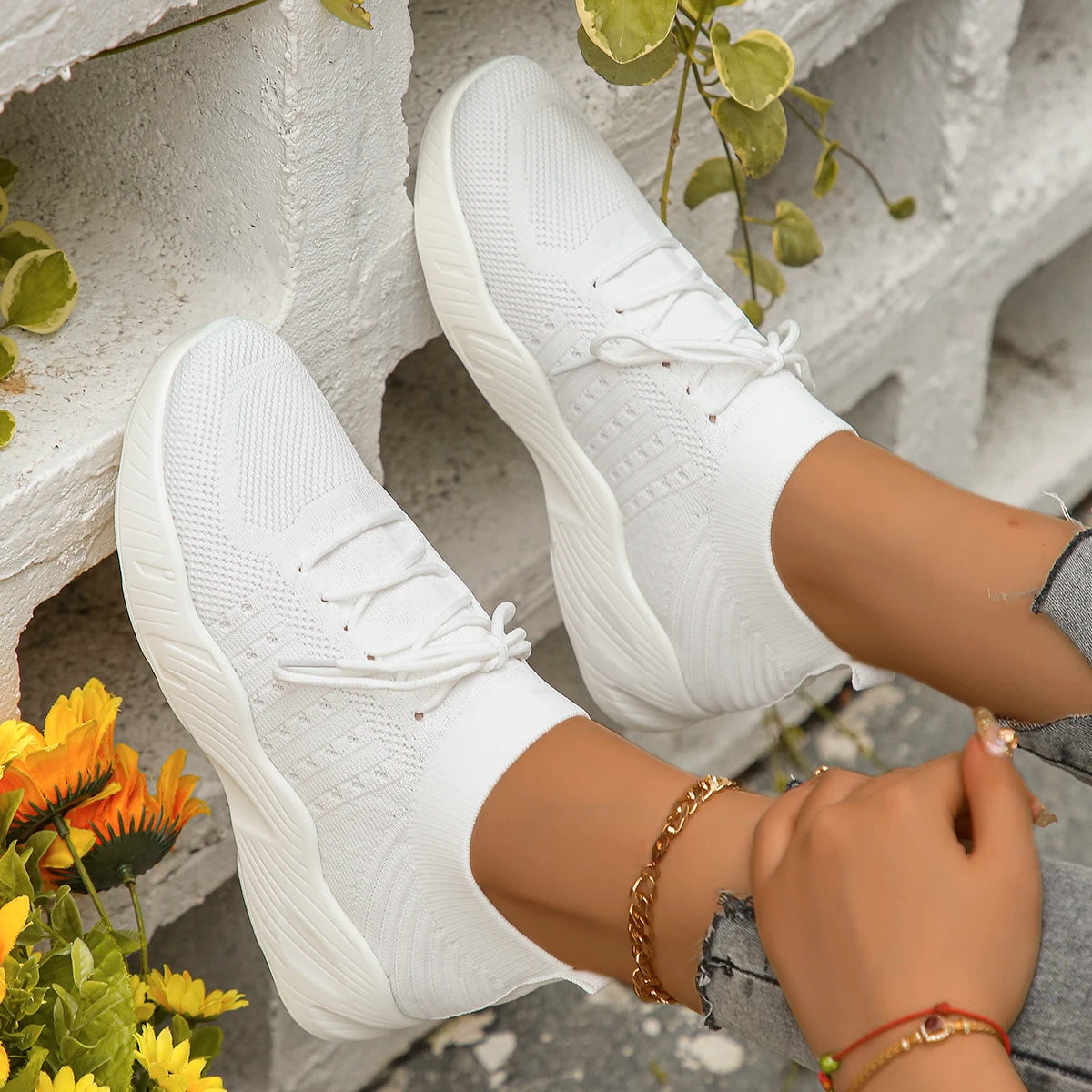 Breathable Knit Lace-Up Sneakers