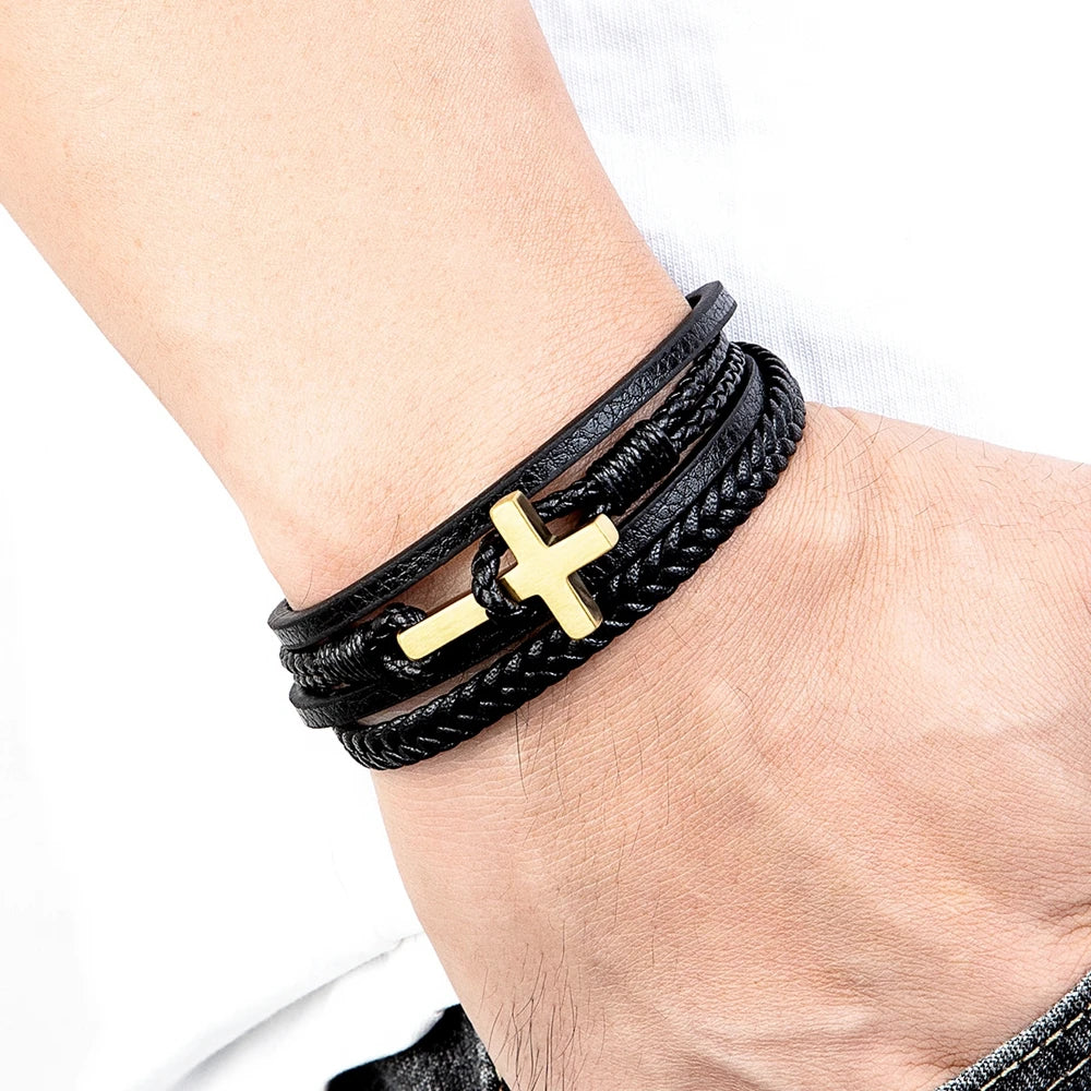 Men’s Braided Leather Cross Bracelet