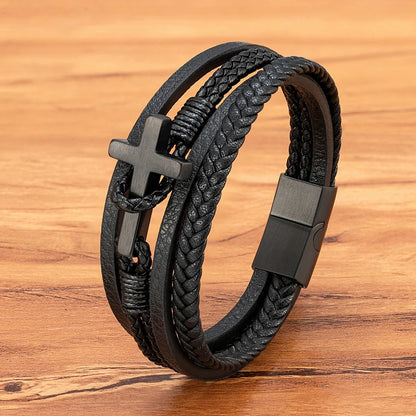 Men’s Braided Leather Cross Bracelet