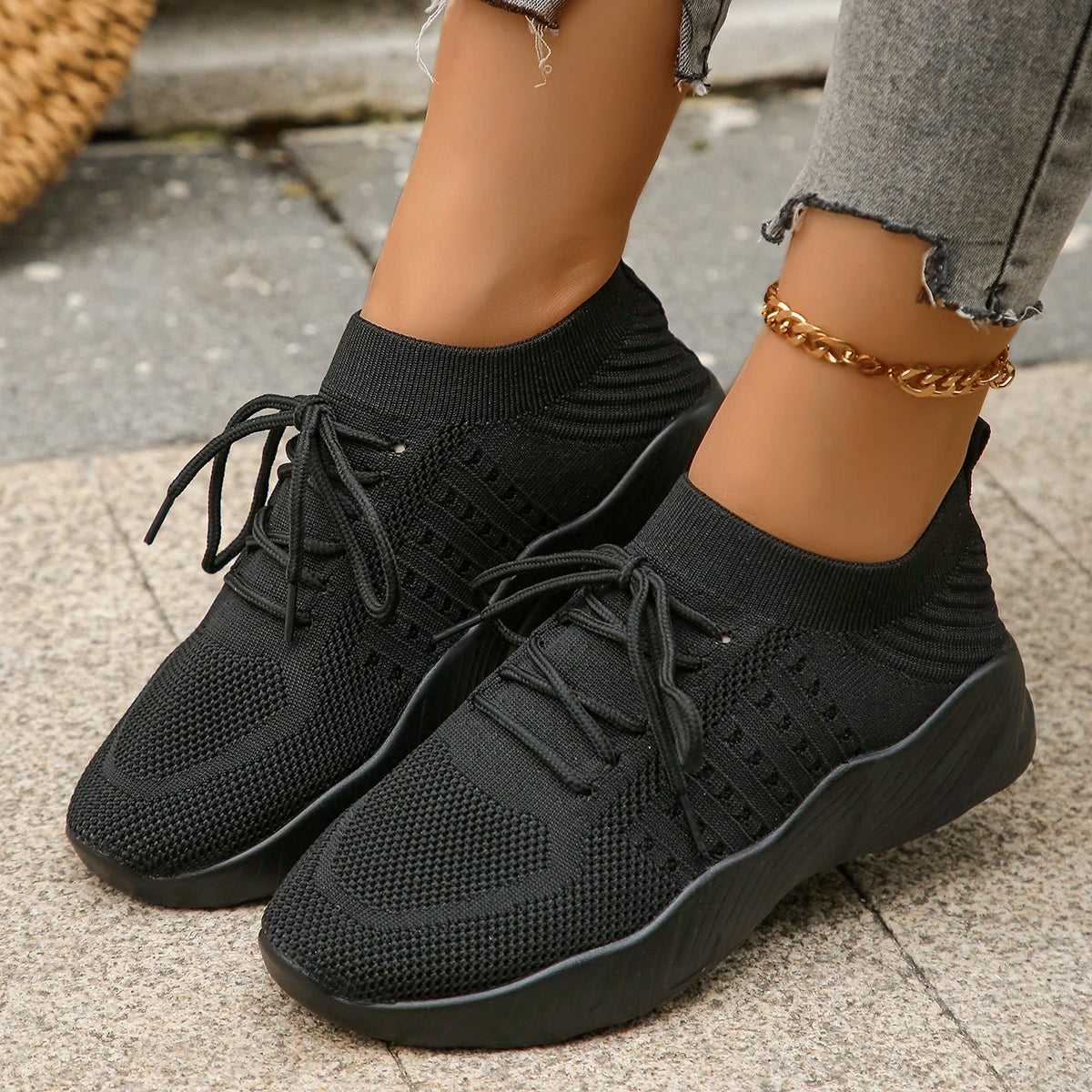 Breathable Knit Lace-Up Sneakers