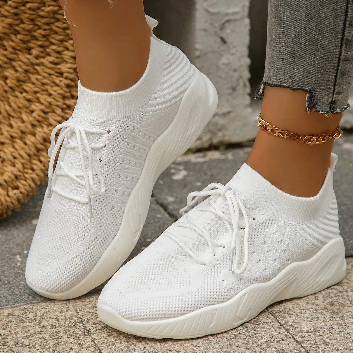 Breathable Knit Lace-Up Sneakers