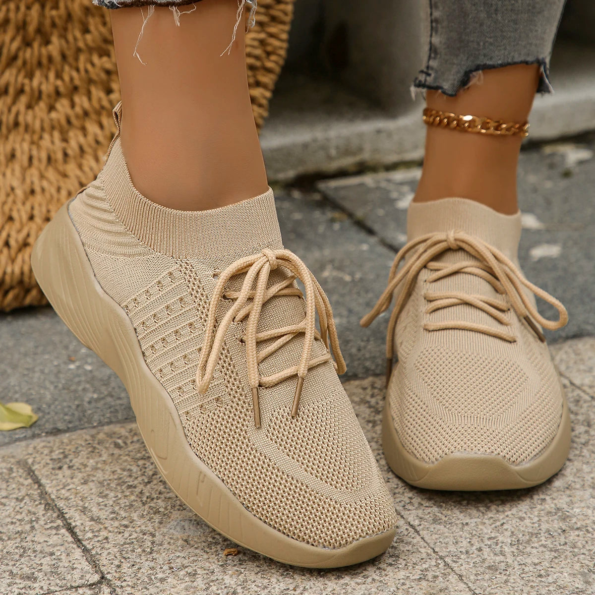 Breathable Knit Lace-Up Sneakers