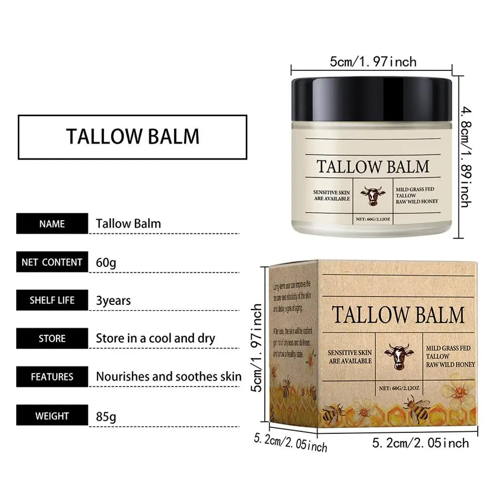 Organic Grass-Fed Beef Tallow Balm with Raw Honey - Moisturizing Cream for Soft, Smooth Skin