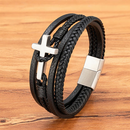 Men’s Braided Leather Cross Bracelet