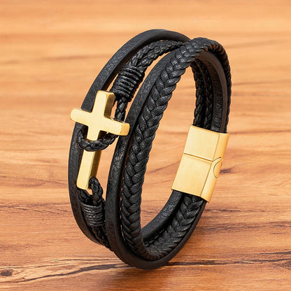 Men’s Braided Leather Cross Bracelet