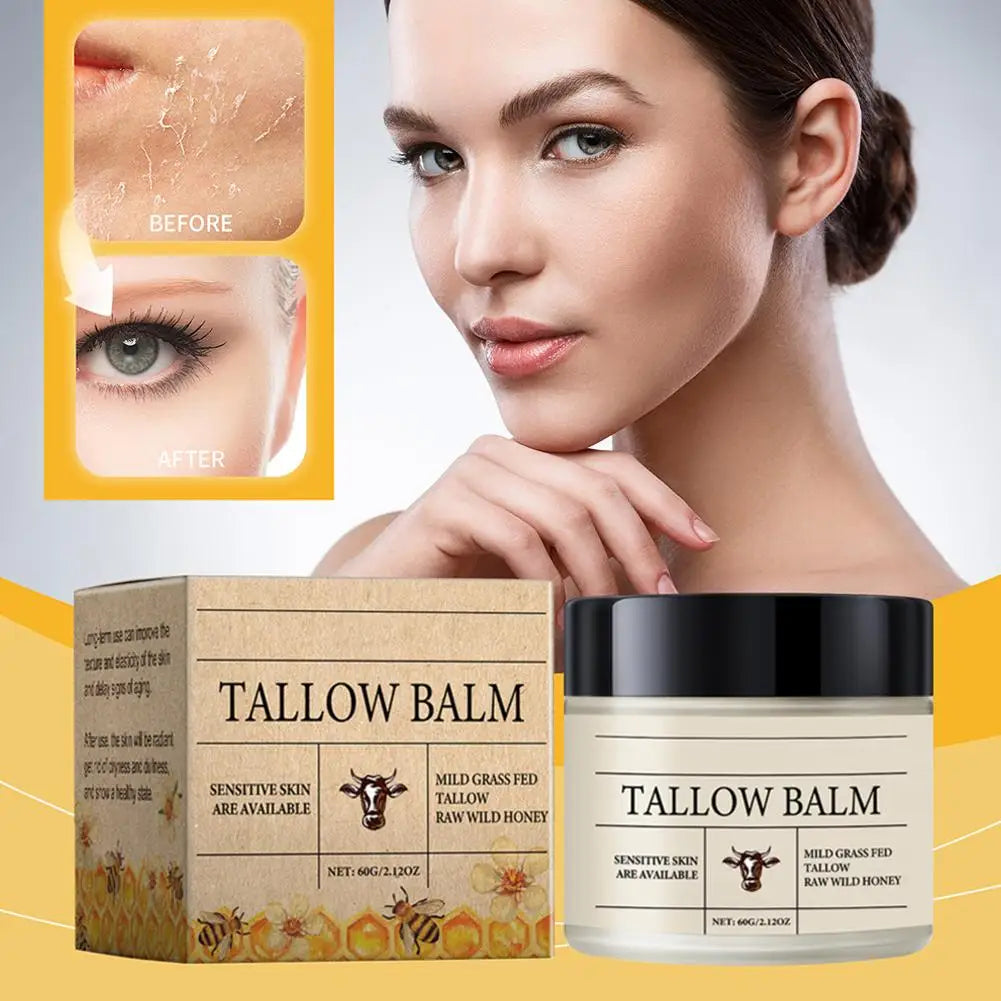 Organic Grass-Fed Beef Tallow Balm with Raw Honey - Moisturizing Cream for Soft, Smooth Skin