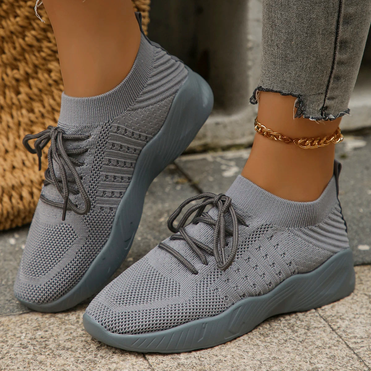 Breathable Knit Lace-Up Sneakers