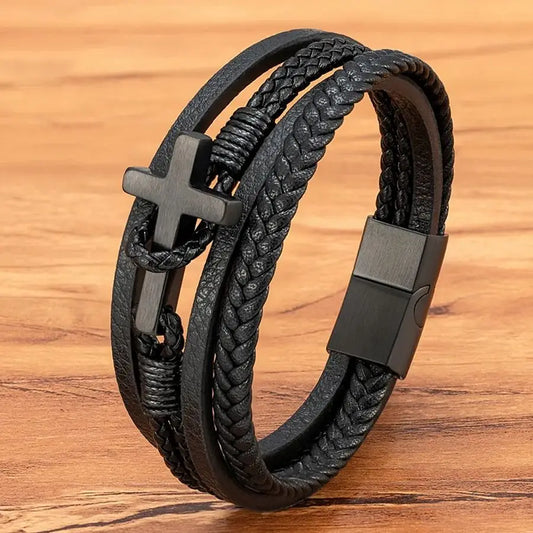 Men’s Braided Leather Cross Bracelet